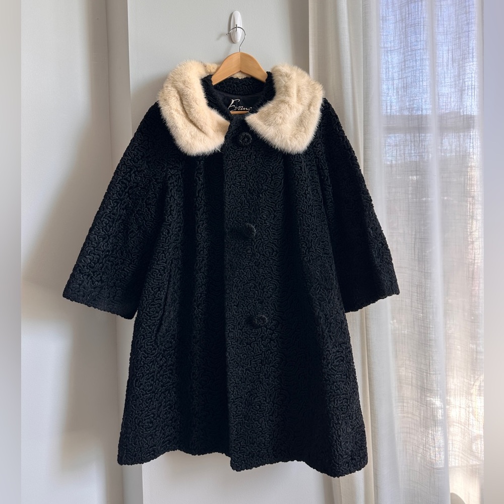 Vintage Black Persian Lamb Karakul Astrakhan Fur Coat With Cream Mink Collar, L